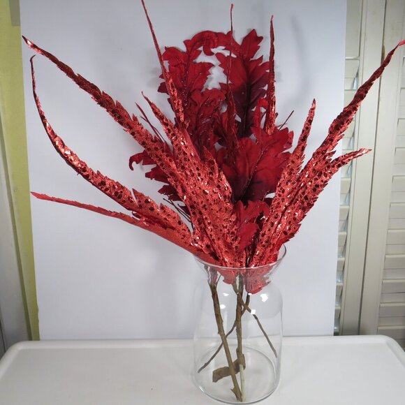 "Feather" (2) picks metallic (2) glittered (double sided) floral filler True Red - Picture 1 of 11